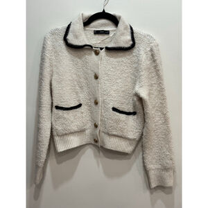Mango Boucle Knit Textured Collared Cardigan Sweater S Old Money Preppy Coquette